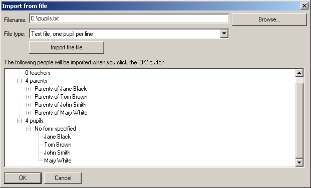 Import dialog showing a proposed pupil import